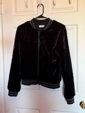 Bailey 44 Black Faux Fur Bomber with Striped Trim